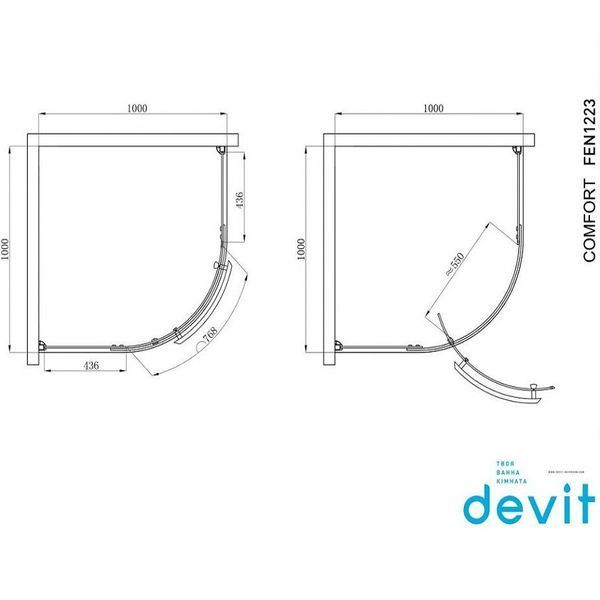 Душова кабіна Devit FEN1223 COMFORT, 1/4 кола, 100х100, без піддона, скло прозоре 280187 фото